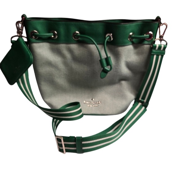 Kate Spade Green Apple Rosie Bucket Bag Pebbled Leather Canvas Crossbody Purse - Picture 2 of 12